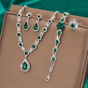 Luxury Emerald Green Jewelry Set | Crystal Necklace Earrings Bracelet Ring