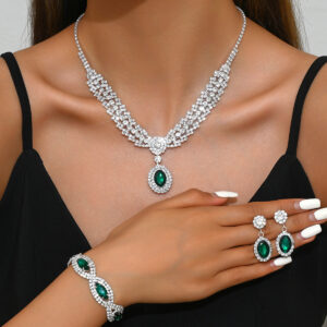 Luxury Emerald Green Teardrop Bridal Jewelry Set – Cubic Zirconia Crystal Necklace, Earrings, Bracelet for Weddings and Special Occasions
