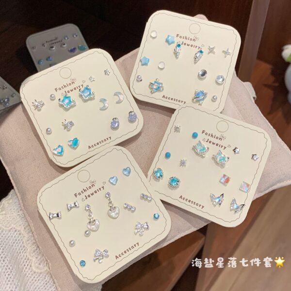 Dreamy Celestial & Ocean 925 Sterling Silver Stud Earring 7-Piece Set